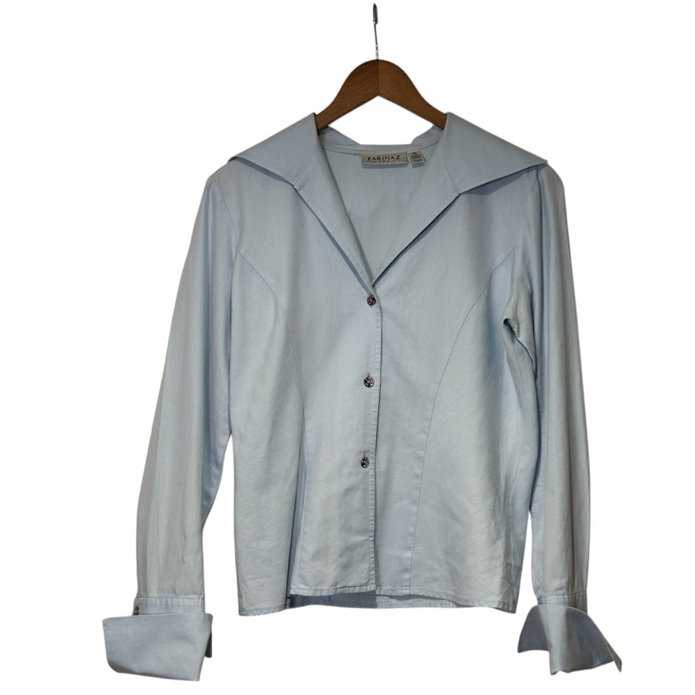 Farinaz Taghavi Sz 10 Collared Italian Cotton Light Blue Herringbone Blouse Top